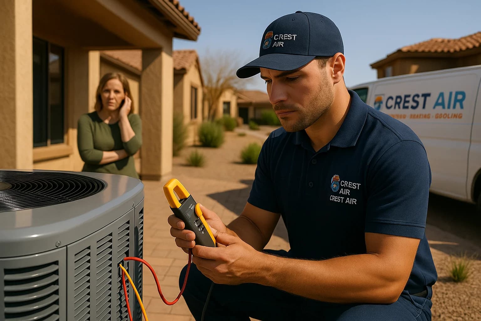 AC repair warning signs Technician diagnosing AC problems at a Tucson home