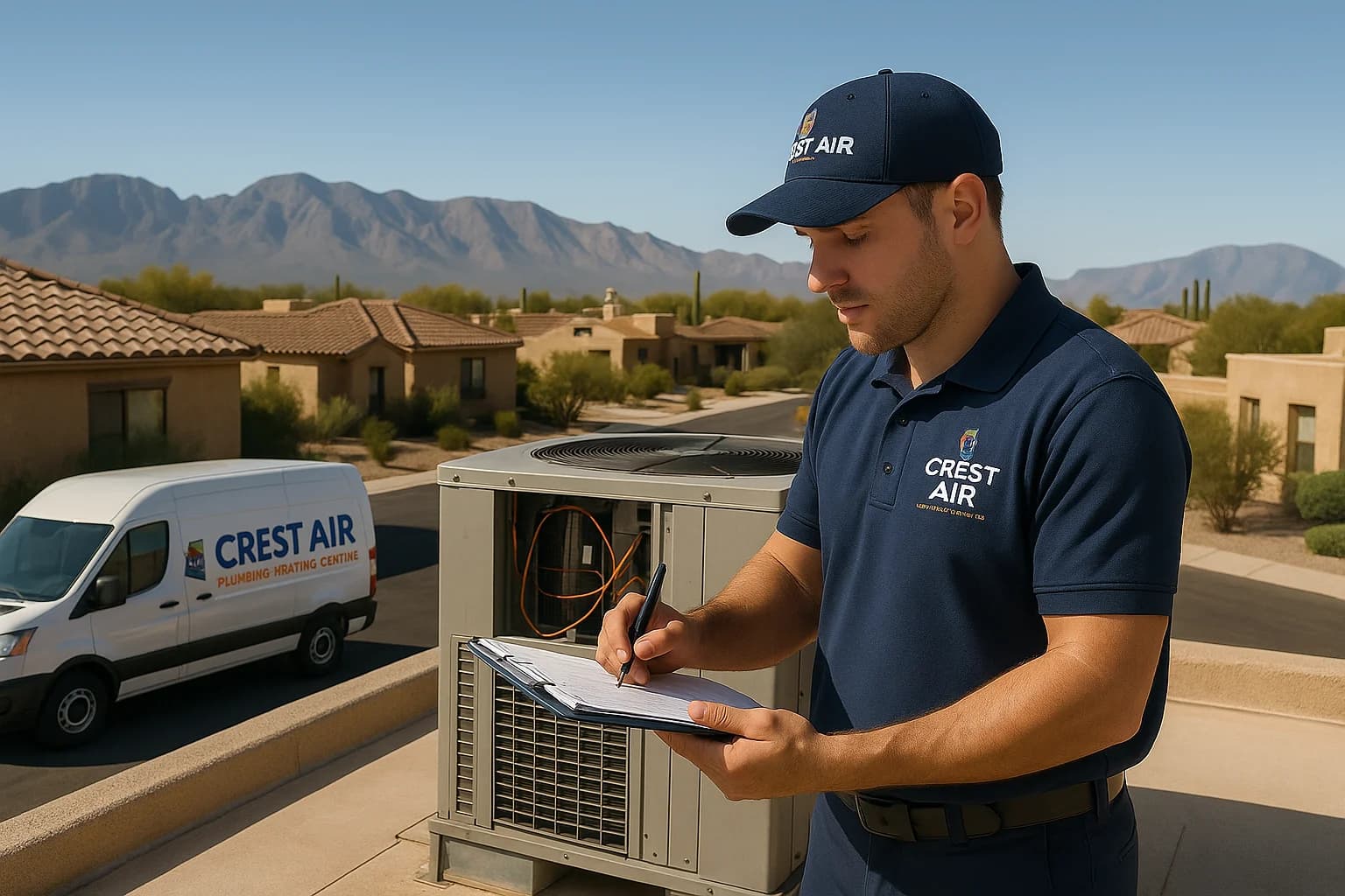 HVAC service frequency guide Technician performing routine HVAC maintenance in Tucson