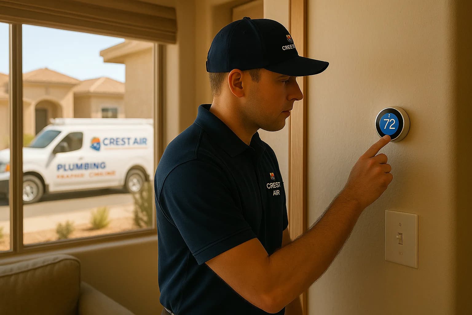 Lower cooling costs guide Homeowner adjusting thermostat to save on cooling