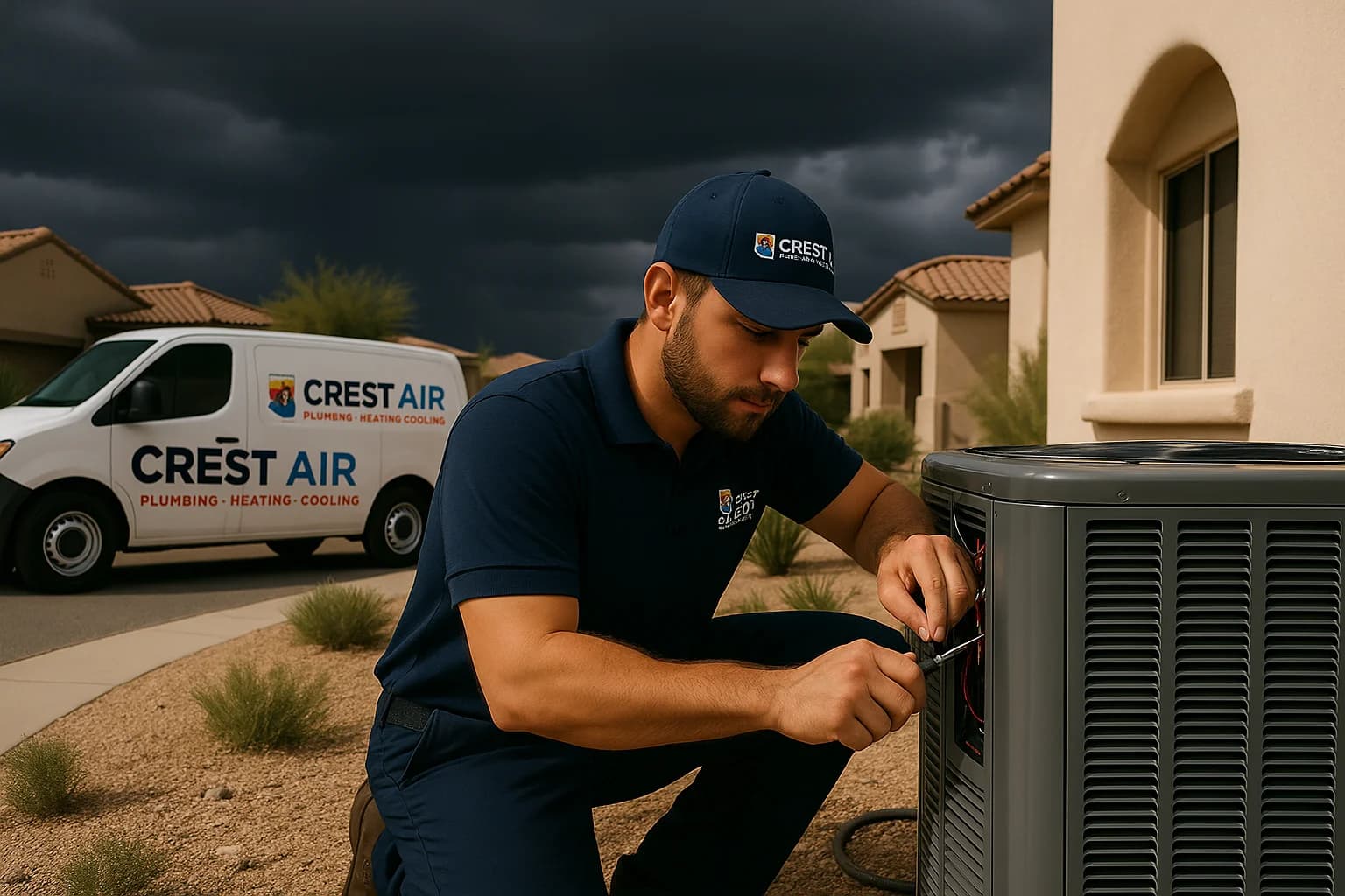 Monsoon HVAC preparation Technician prepping HVAC before monsoon season