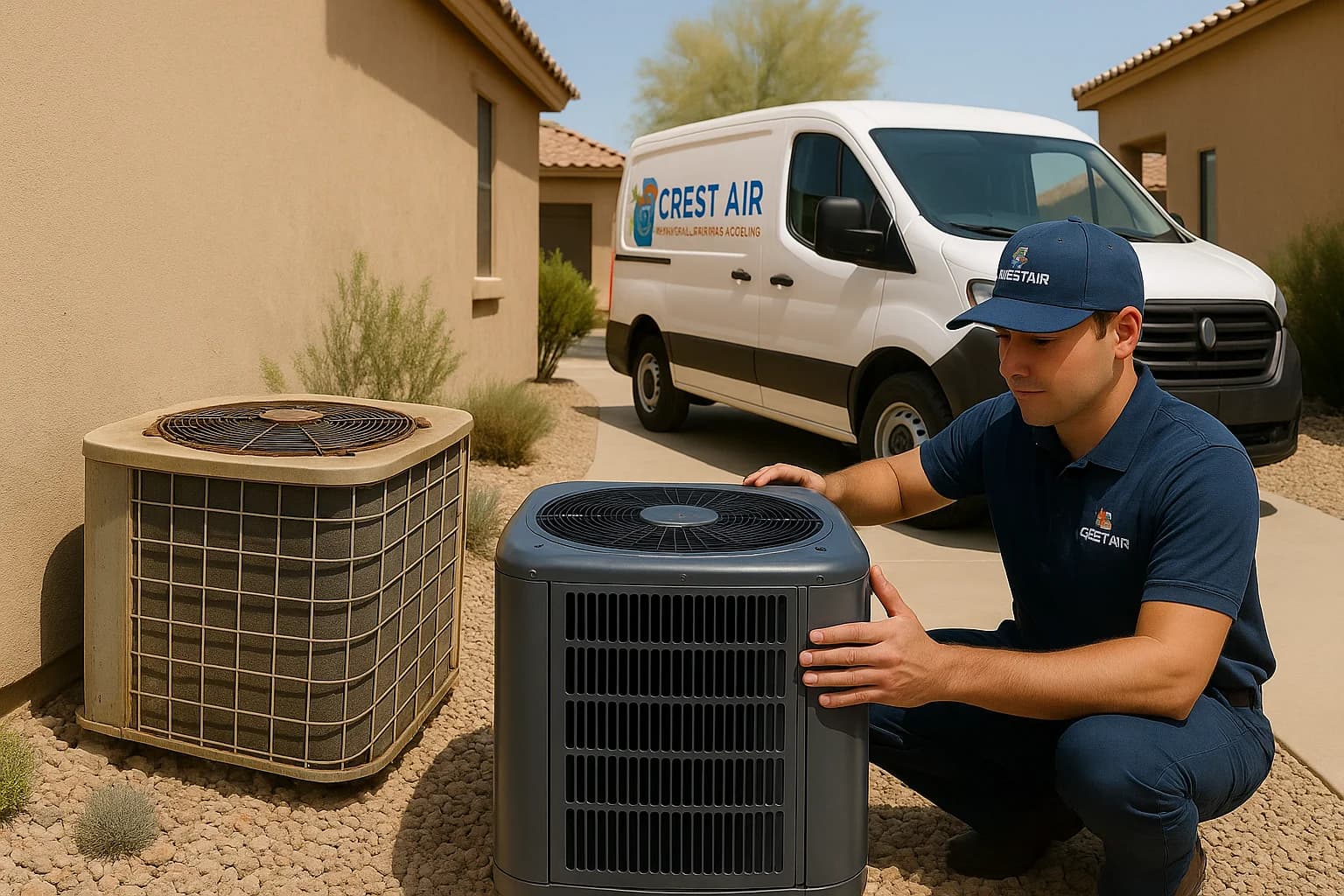 Repair vs replace comparison Old AC unit next to new one being installed