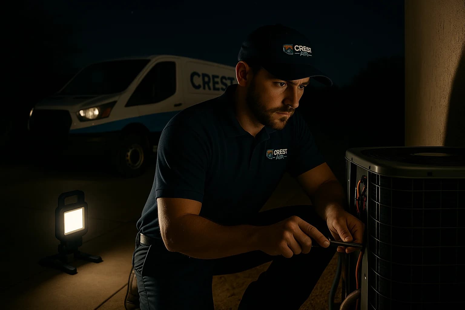 Emergency night response scene Crest Air technician handling an emergency HVAC repair at night in Tucson