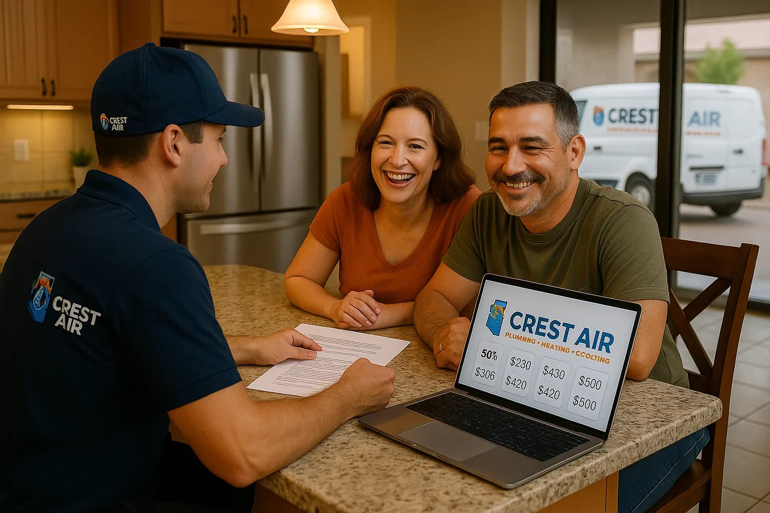 Financing consultation scene Crest Air advisor reviewing AC financing plans with Tucson homeowners