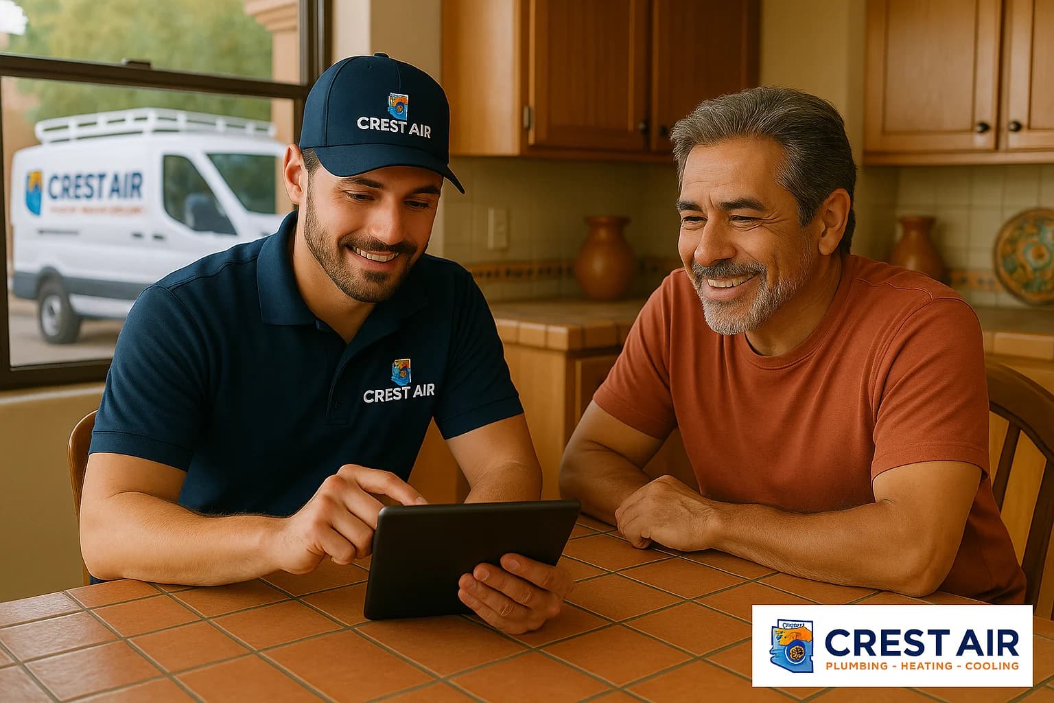 Review conversation scene Homeowner reviewing Crest Air service notes with technician on a tablet