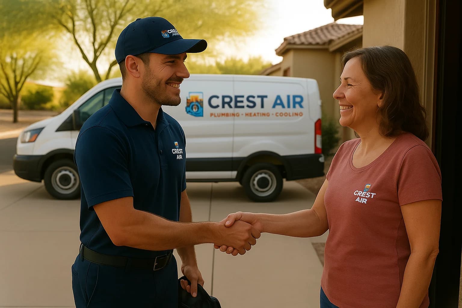 Same-day doorway greeting Crest Air technician greeting a Tucson homeowner at the front door