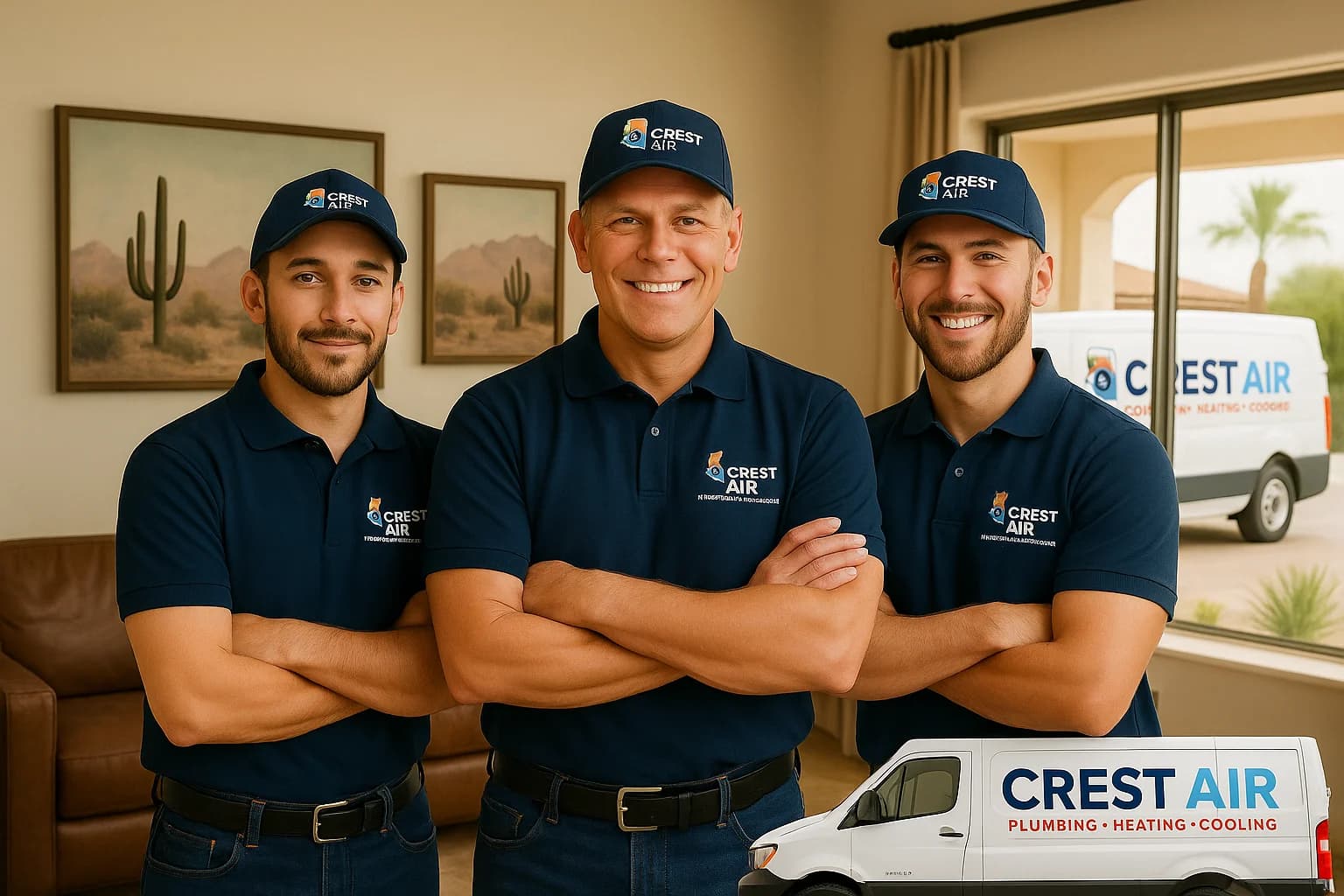 Trusted Crest Air team portrait Crest Air technicians posing together inside a Tucson living room