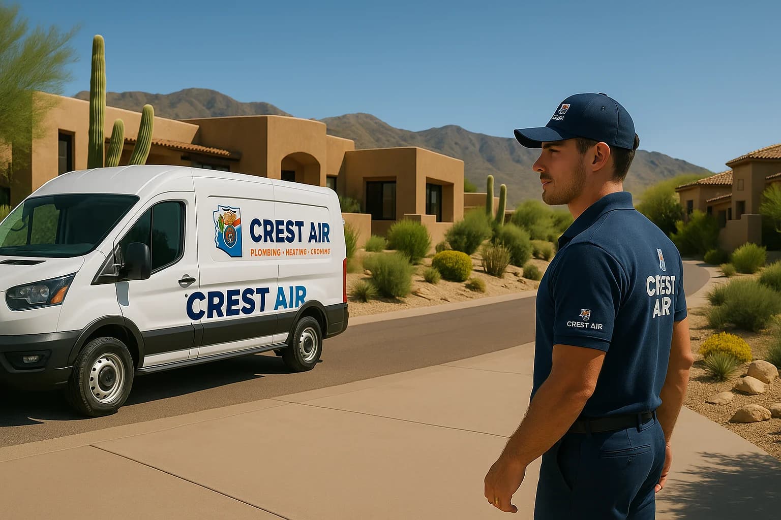 Catalina Foothills service arrival Crest Air van arriving at a hillside home in Catalina Foothills