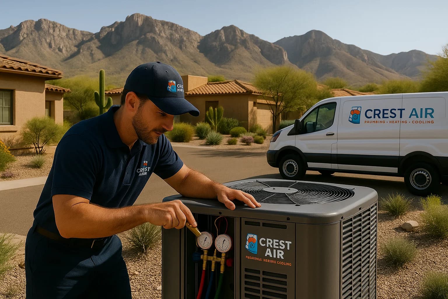 Foothills patio service Technician servicing an AC unit on a Catalina Foothills patio with mountain views