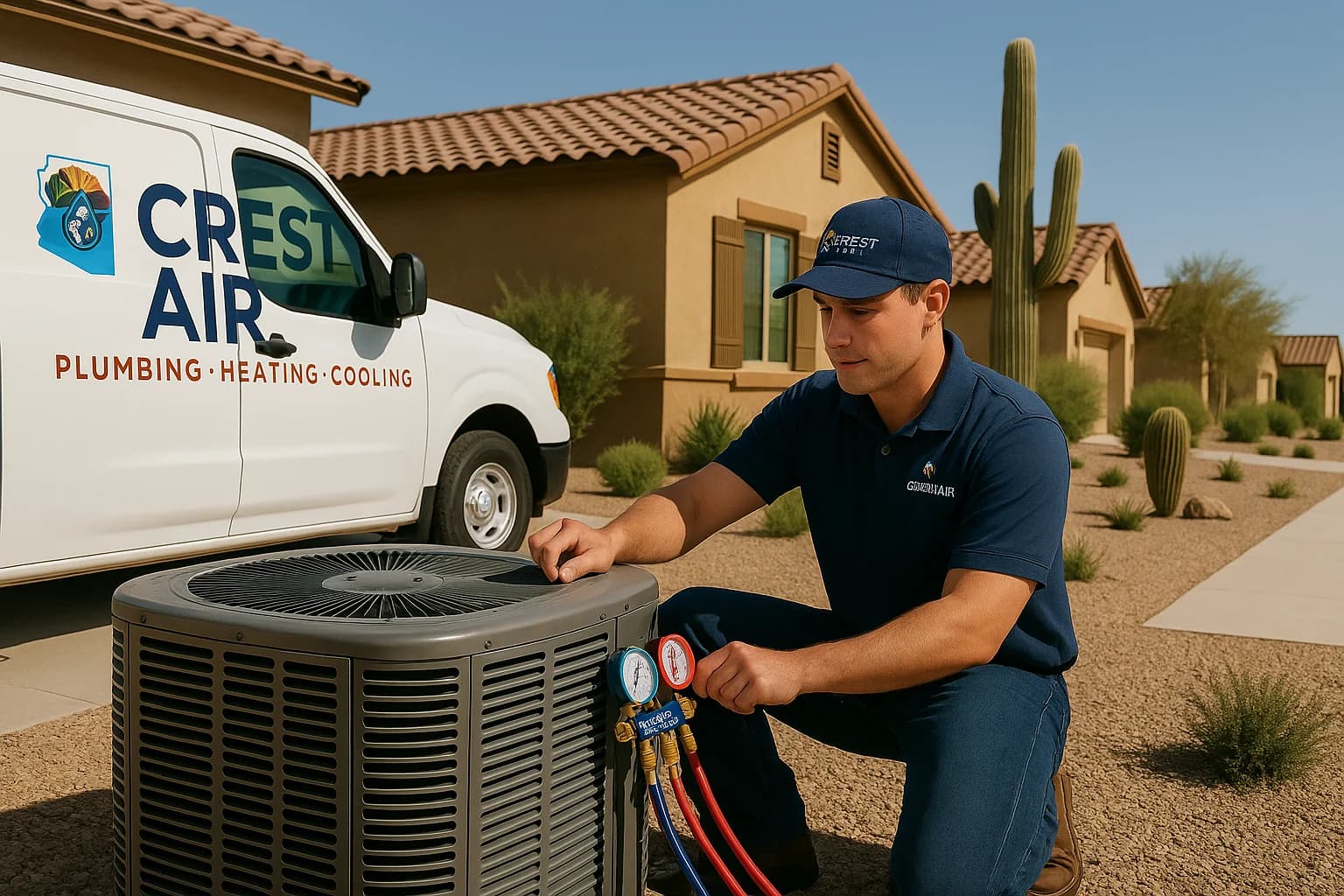 Farmhouse service visit Technician walking along a Marana farmhouse side yard