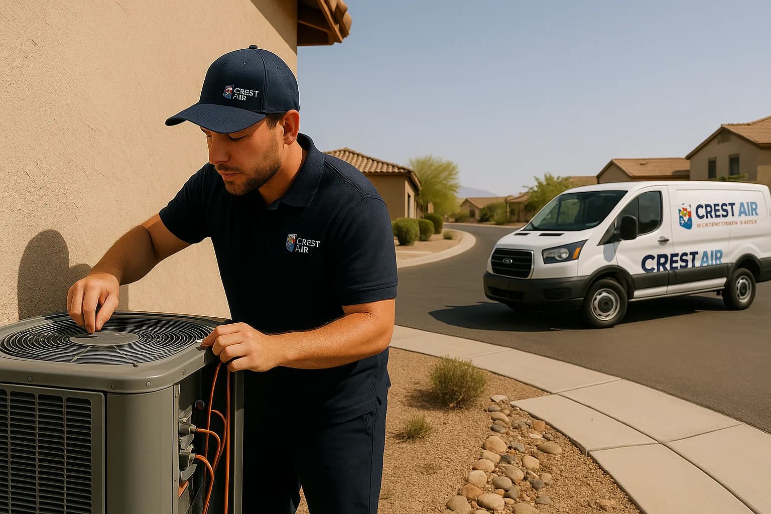 Wide street coverage Crest Air van parked on a wide Marana residential street