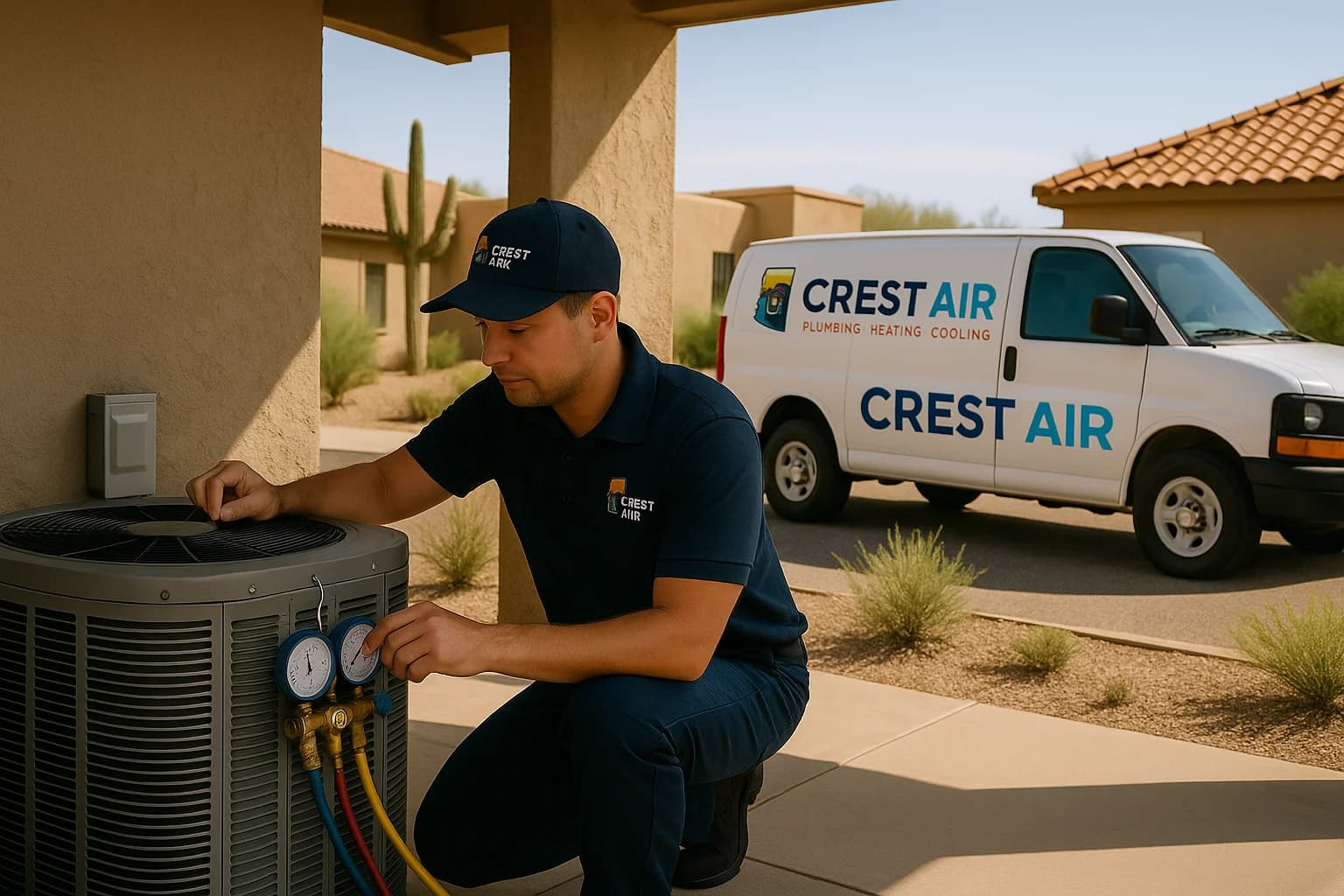 Terrace service visit Technician servicing equipment on a shaded patio in Oro Valley