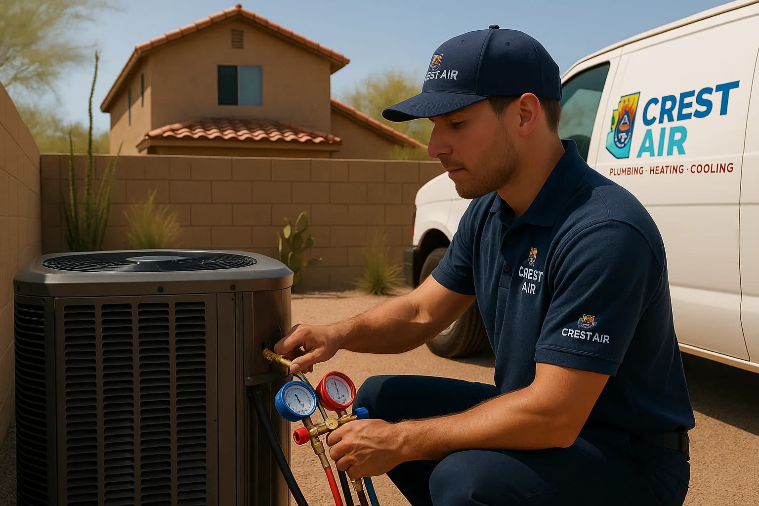 Backyard condenser repair Technician repairing a condenser in a South Tucson backyard