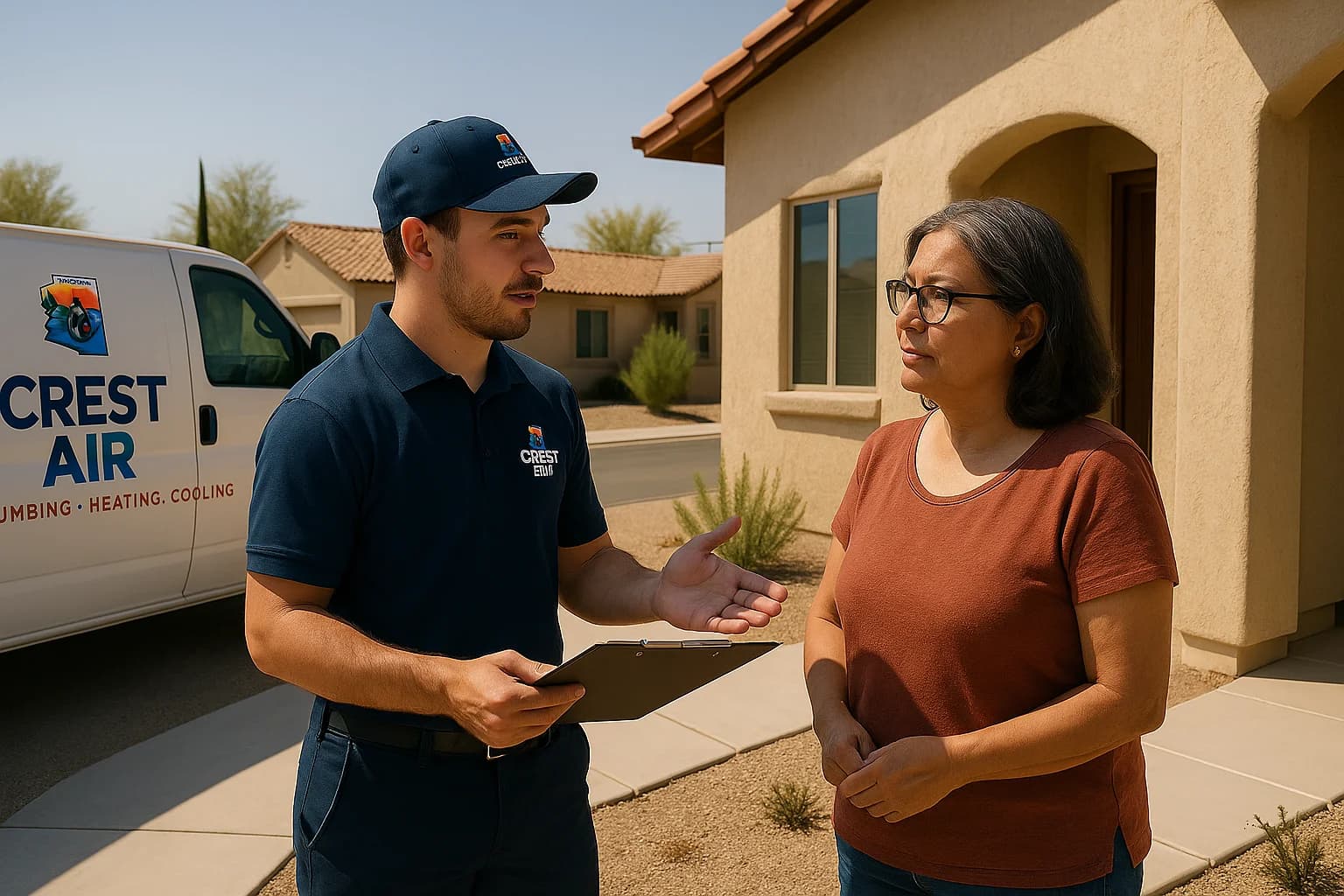 Homeowner walkthrough Crest Air tech walking a South Tucson homeowner through repair options