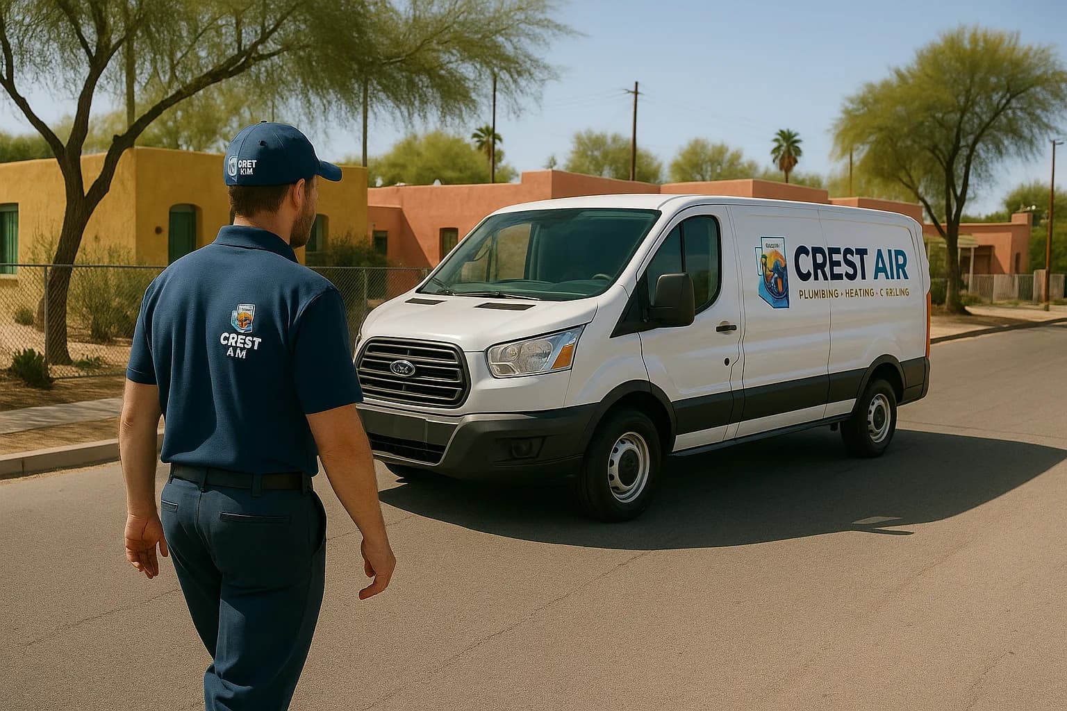 South Tucson service arrival Crest Air van arriving in a South Tucson neighborhood