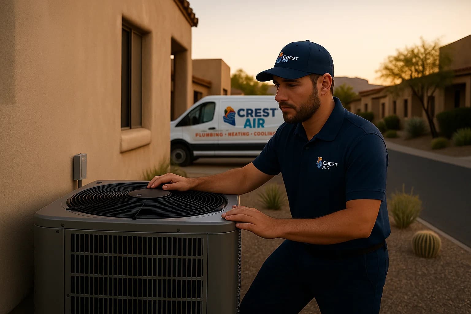 Evening backyard check Technician inspecting a condenser in a Tucson backyard at dusk