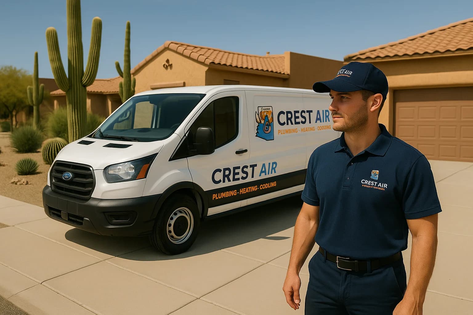 Tucson technician arrival Crest Air van pulling into a Tucson driveway with desert landscaping