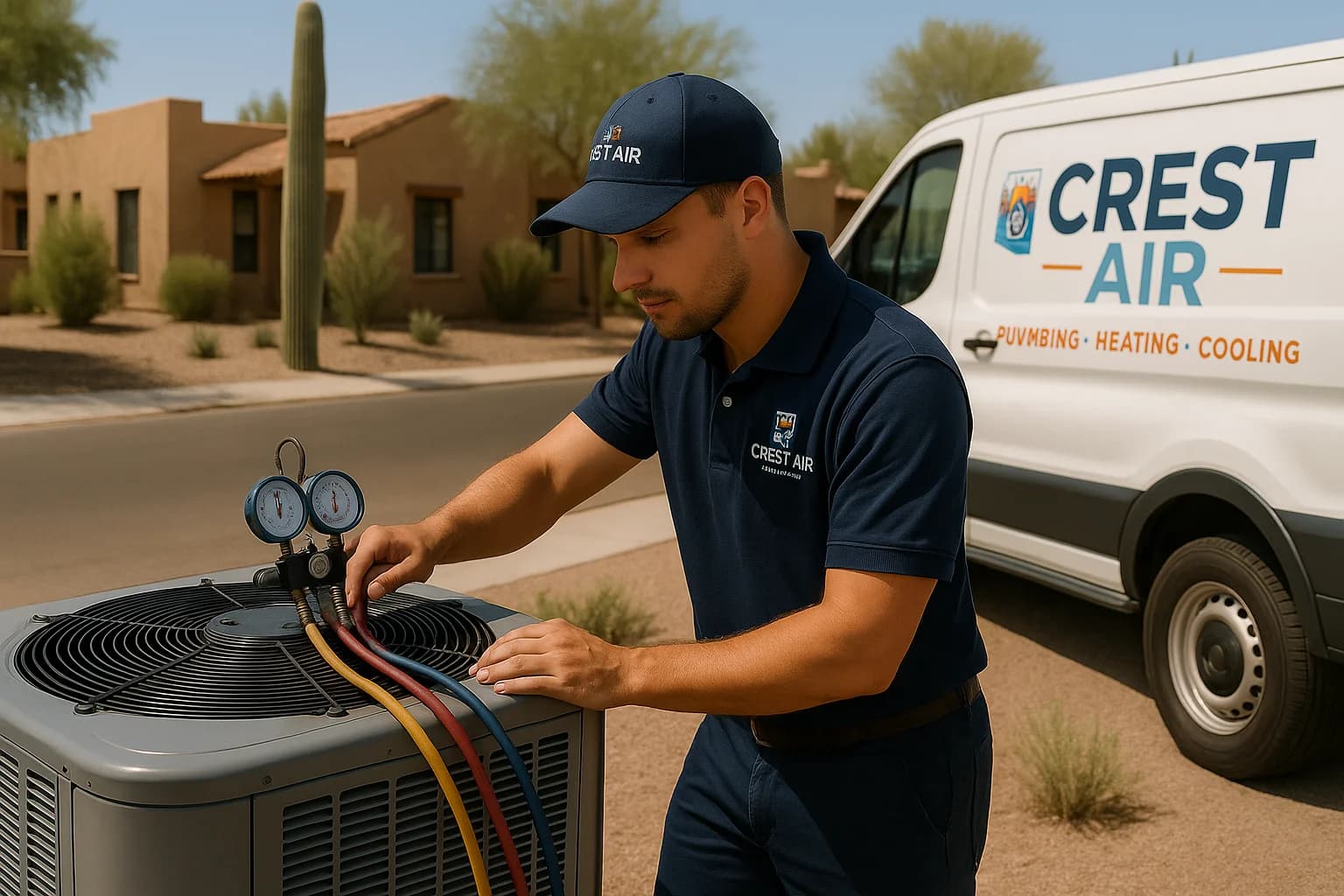 Midtown apartment service Crest Air technician servicing an AC unit at a Tucson midtown apartment complex