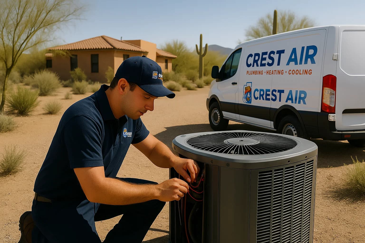 Desert lot condenser service Technician working on a condenser at a Vail desert lot property