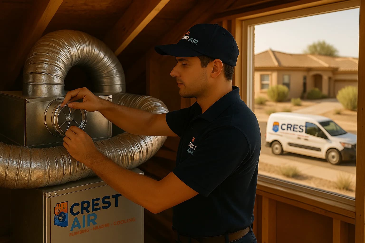 Ductwork adjustments Technician adjusting ductwork inside an attic