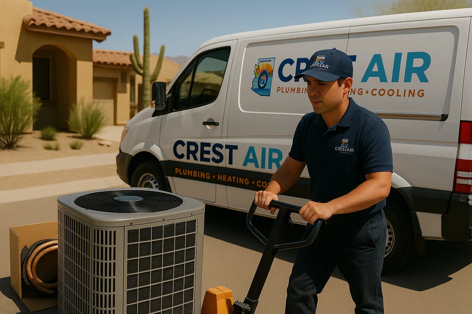 Installation crew arrival Crest Air installation crew unloading a new condenser