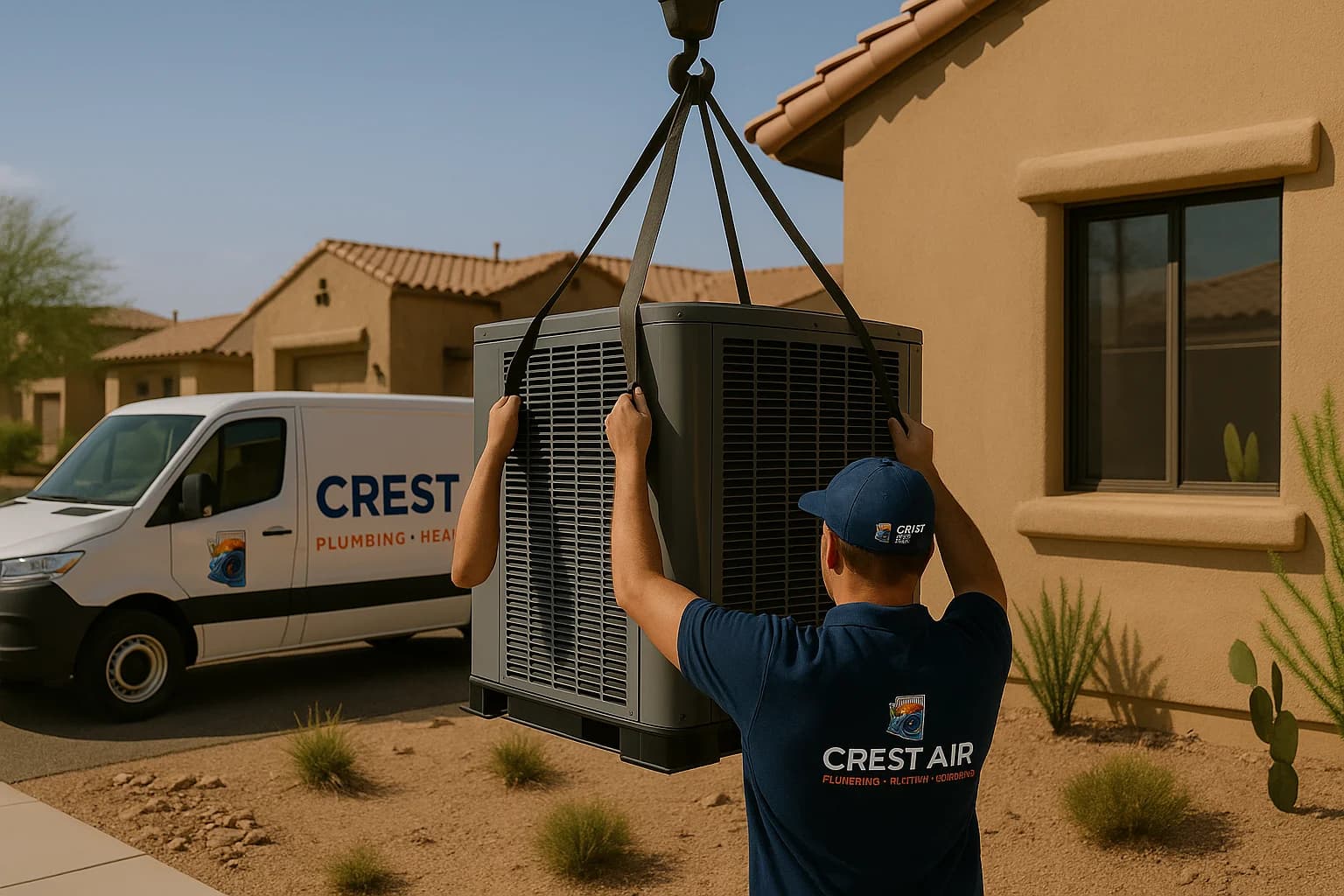AC Installation Tucson hero image Crest Air team performing an AC installation with a crane in Tucson