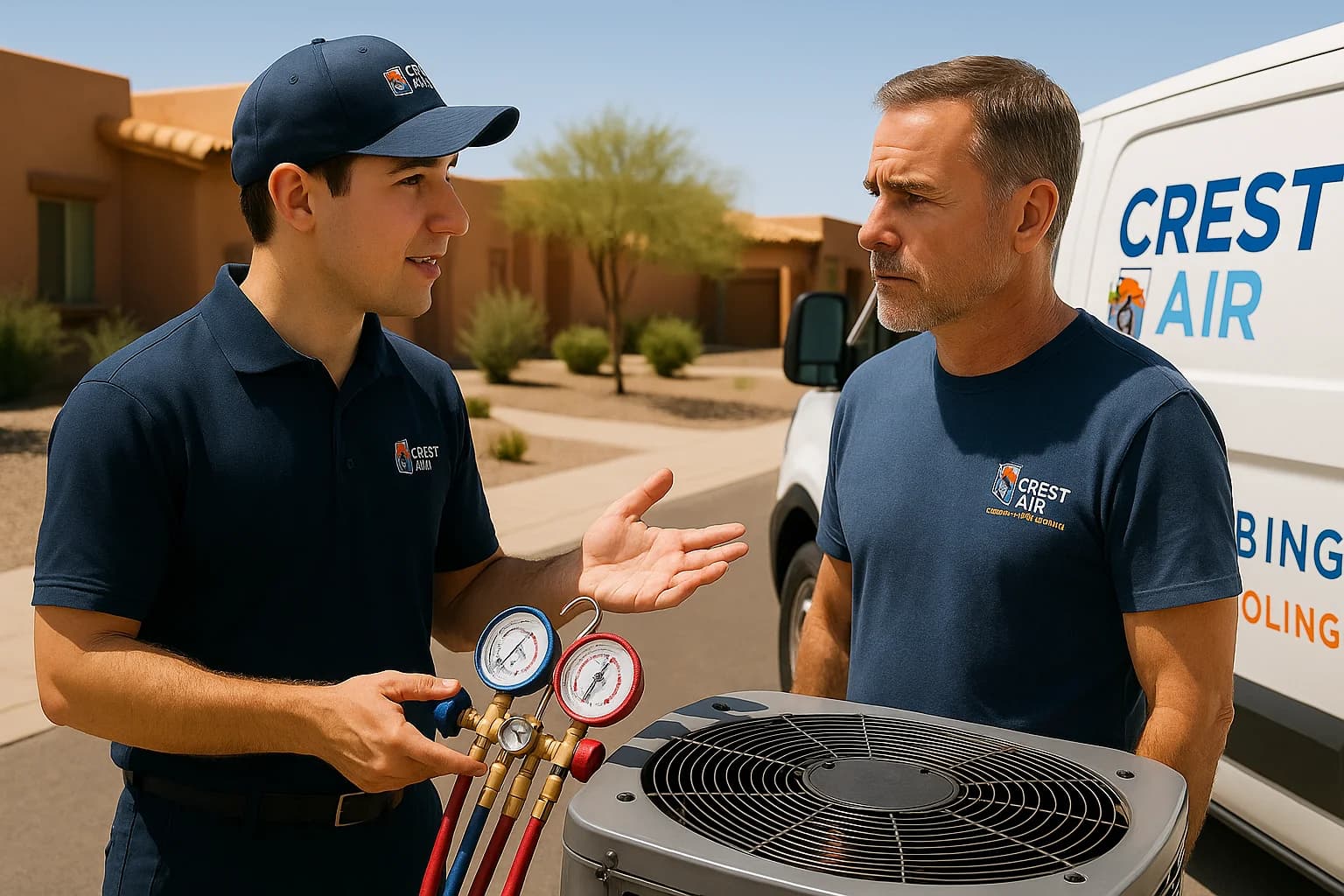 Customer briefing after diagnostics Technician handing off diagnostic notes to a Tucson homeowner