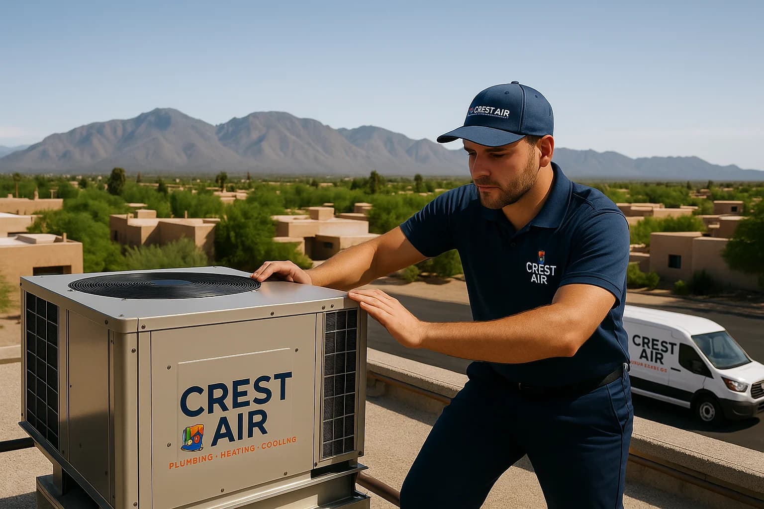 Rooftop package unit repair Crew working on a rooftop package unit overlooking Tucson