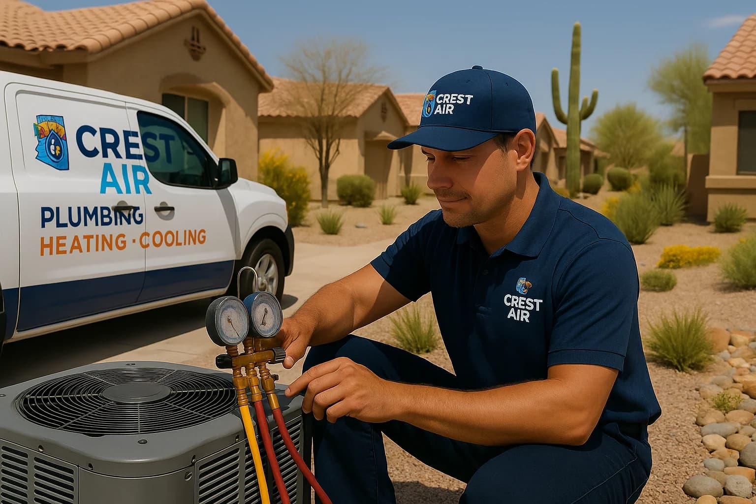 AC Repair Tucson hero image Crest Air technician repairing an AC system in Tucson