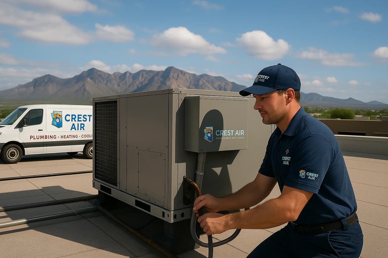 Commercial AC installation crane lift Crest Air crew guiding a rooftop unit into place with a crane