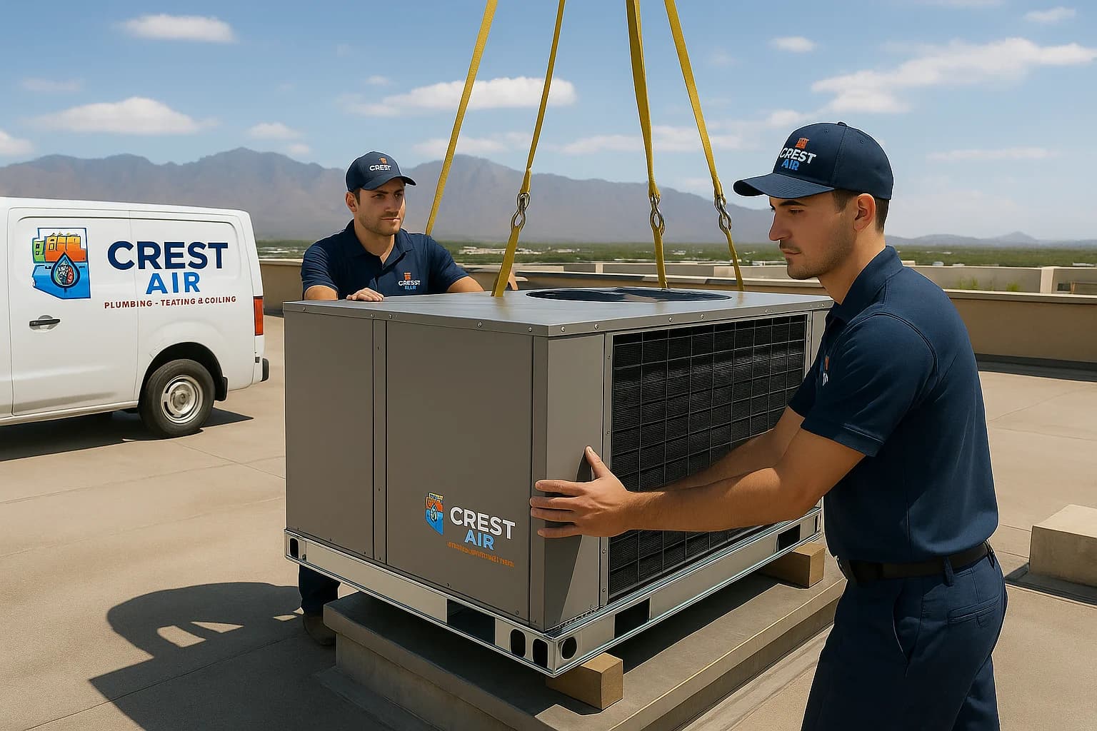 Commercial equipment staging Crest Air crew staging new HVAC equipment in a Tucson parking lot