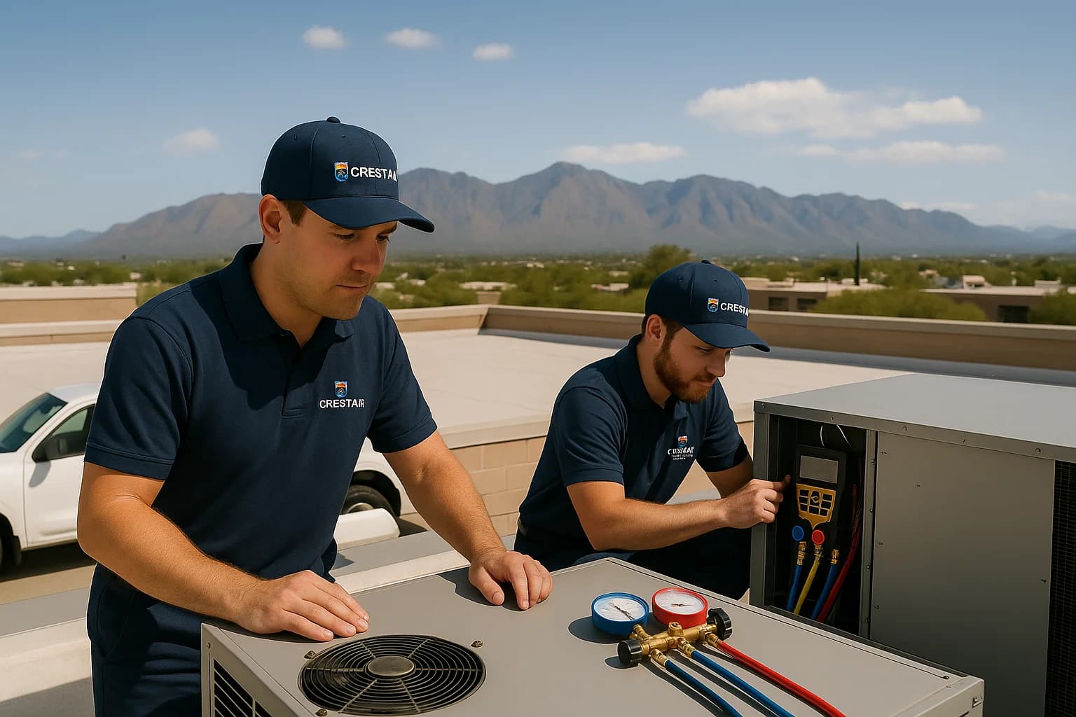 Commercial AC repair rooftop service Crest Air commercial technicians servicing a rooftop unit in Tucson