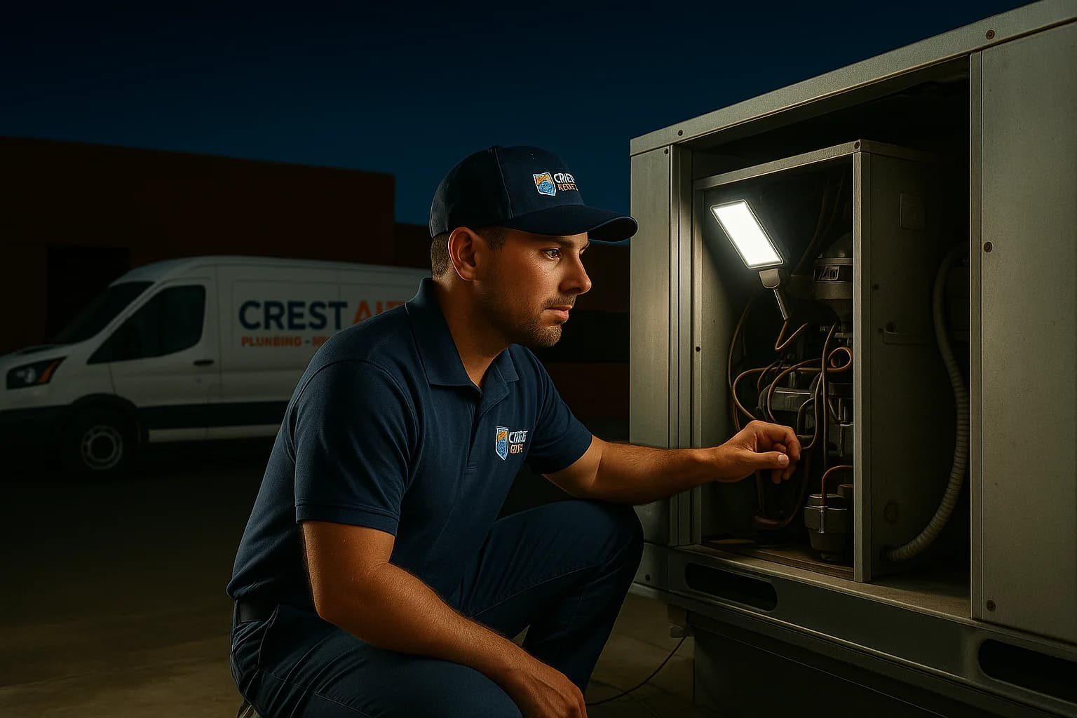 Commercial emergency HVAC response Emergency Crest Air crew arriving at a Tucson warehouse at night