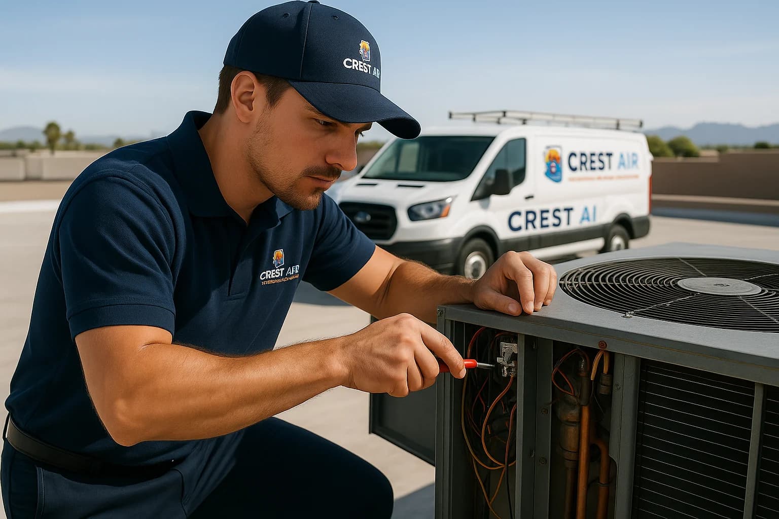 Warehouse emergency repair Technician repairing a warehouse HVAC system during an emergency call