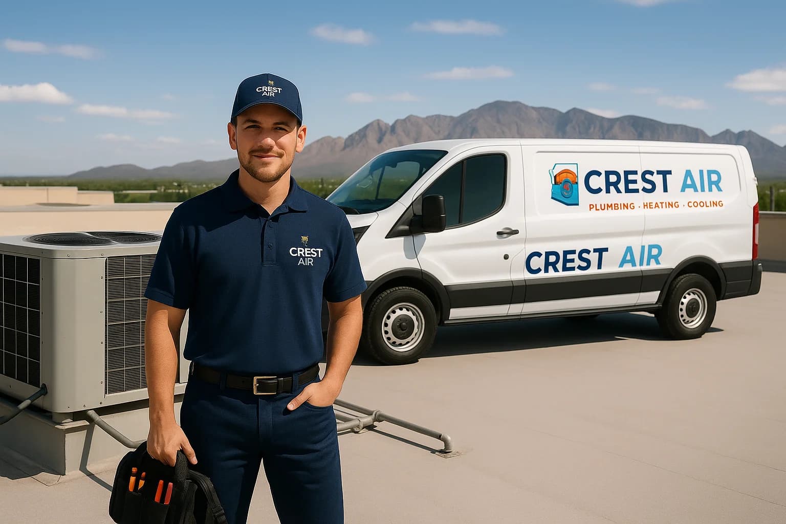 Commercial team on rooftop Crest Air commercial team gathered on a rooftop with Tucson skyline