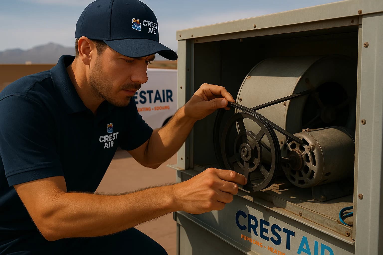 Belt and bearing inspection Crest Air tech inspecting belts and bearings on a commercial air handler
