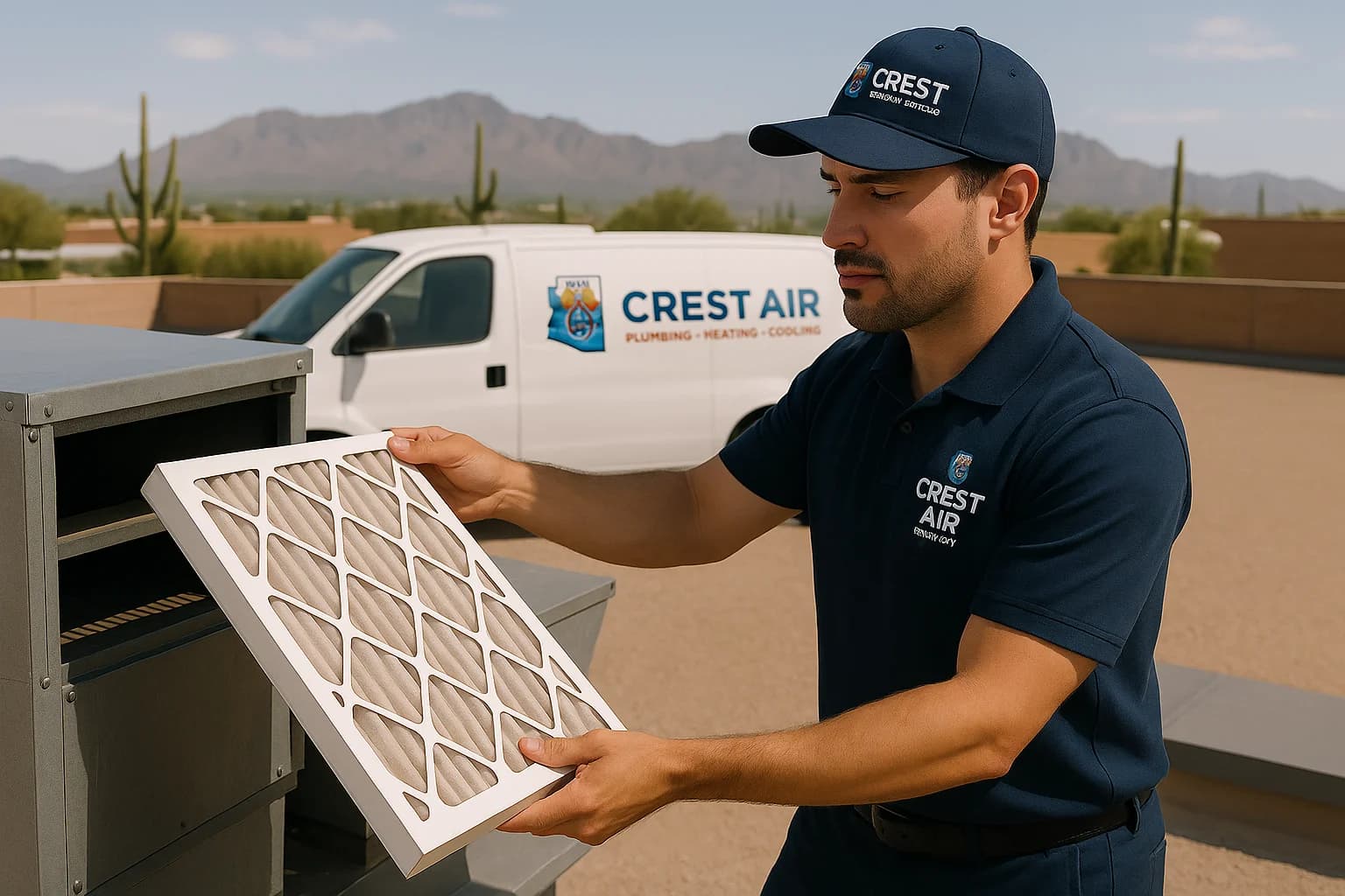 Commercial filter replacement Technician changing filters on a large commercial air handler in Tucson