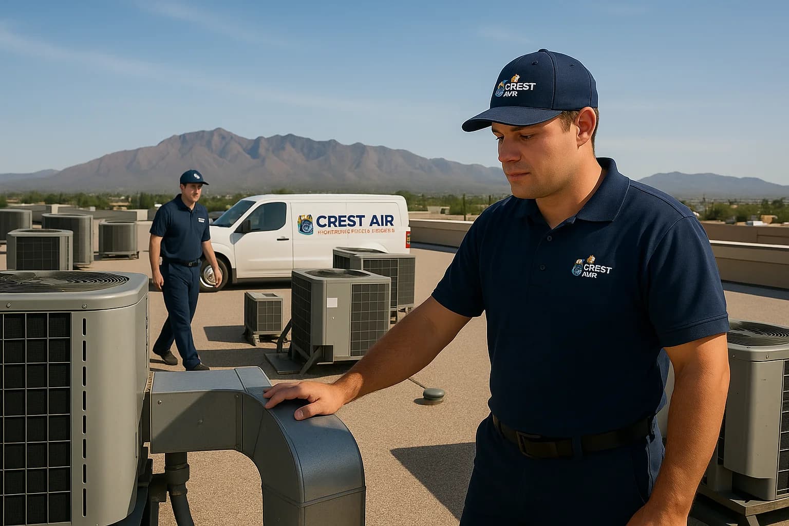 Rooftop maintenance walkthrough Two technicians doing a rooftop walkthrough of multiple HVAC units