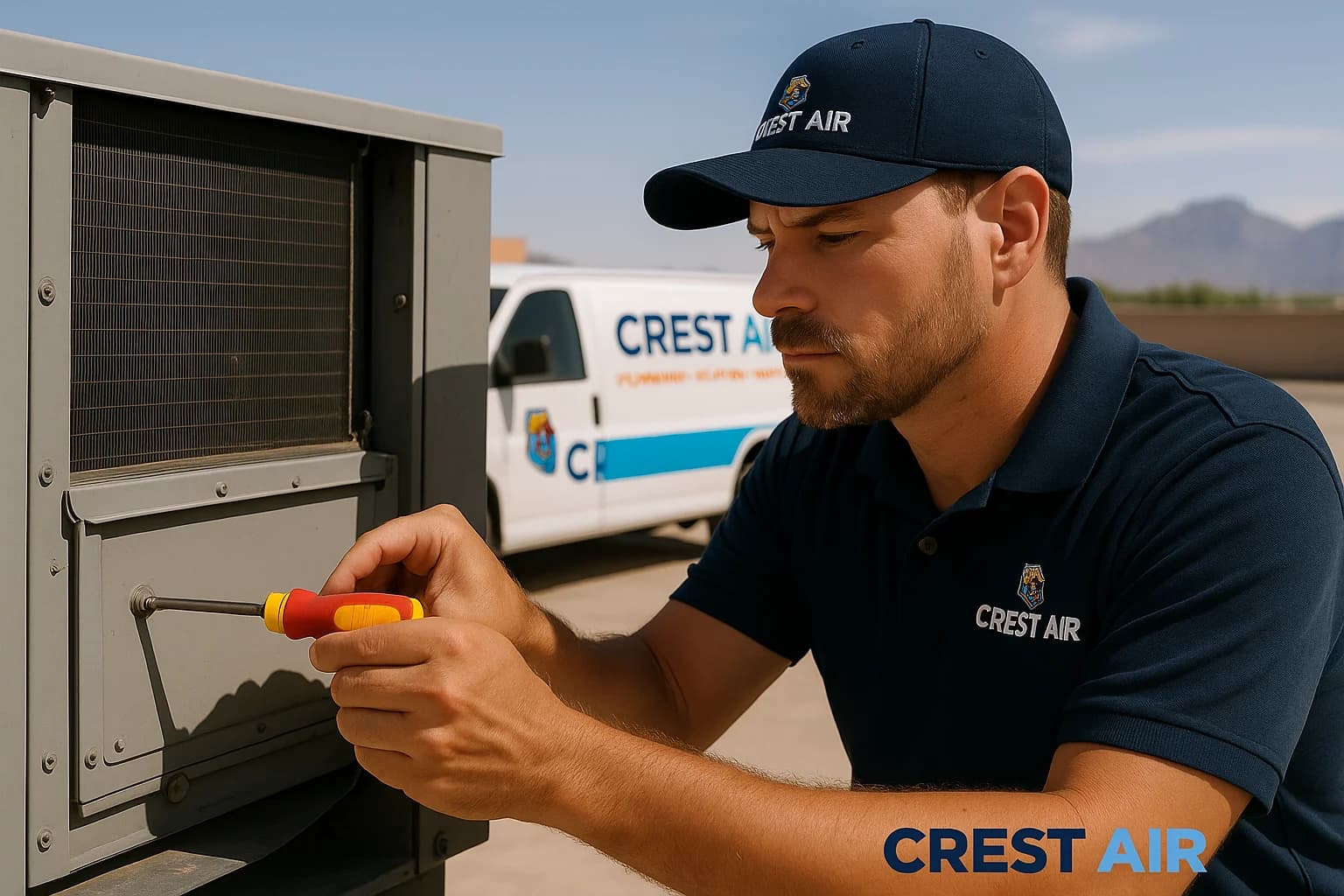 Commercial maintenance RTU inspection Technician inspecting a rooftop unit for a Tucson retail property