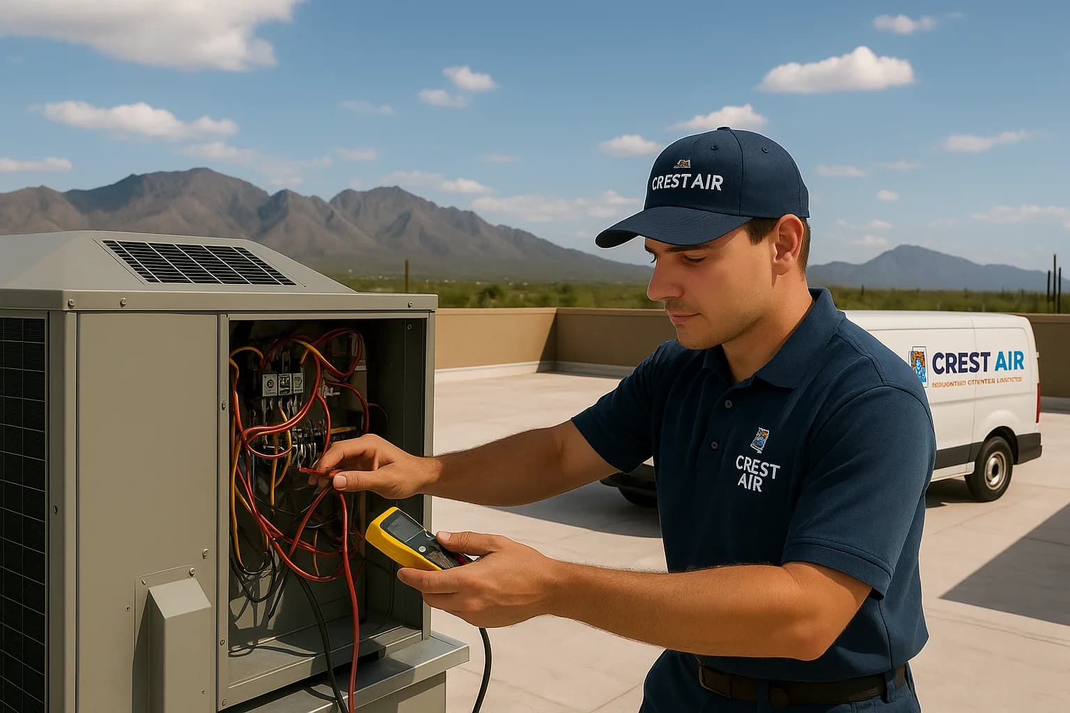 Package unit electrical service Technician checking the electrical panel of a package unit
