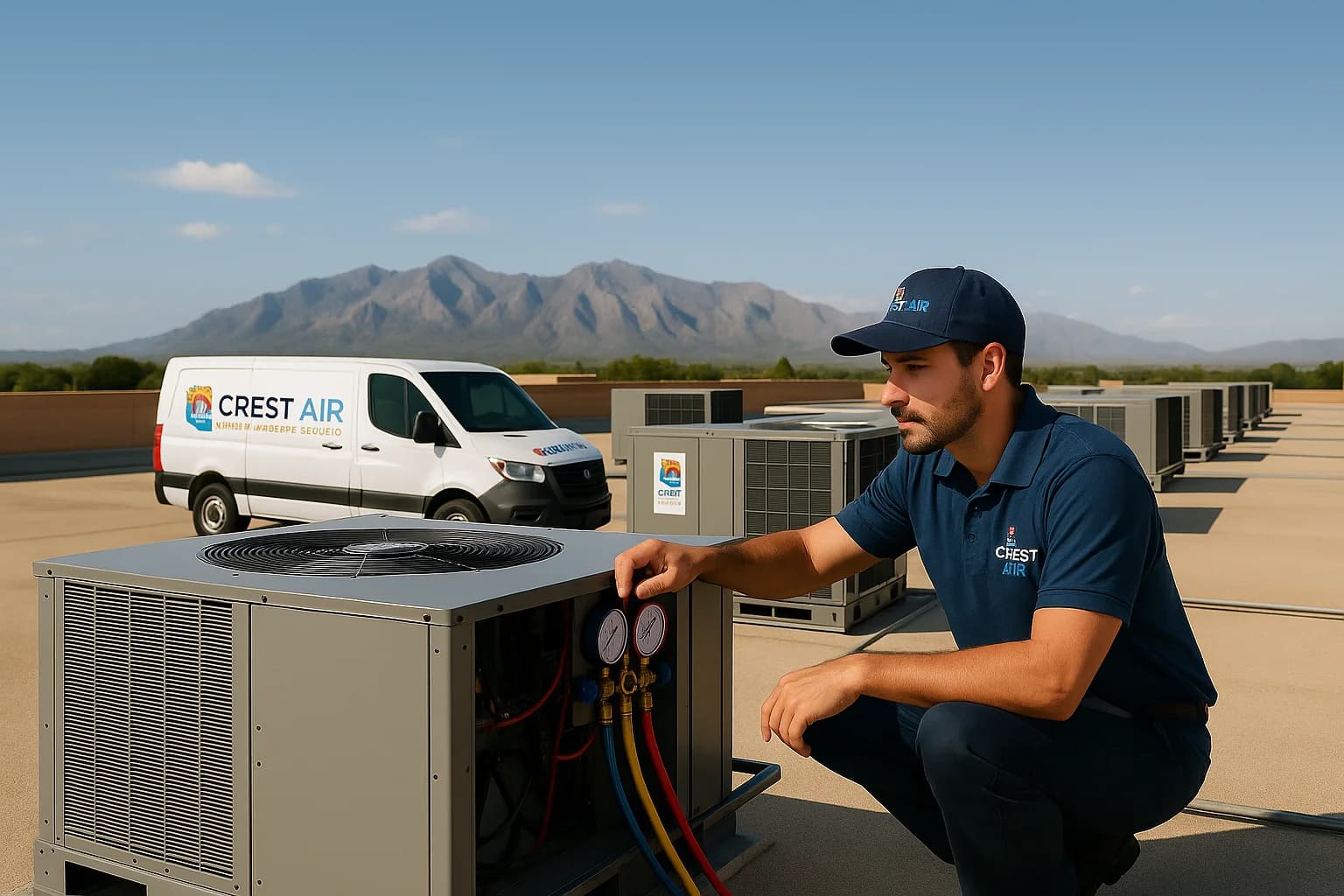 Multi-unit rooftop service Row of rooftop package units being serviced on a Tucson campus