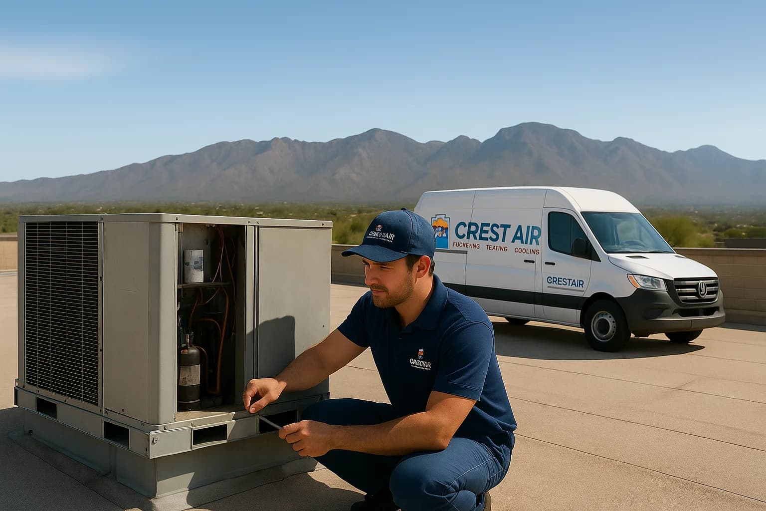 Commercial rooftop package unit service Crest Air technicians inspecting rooftop package units across a Tucson campus
