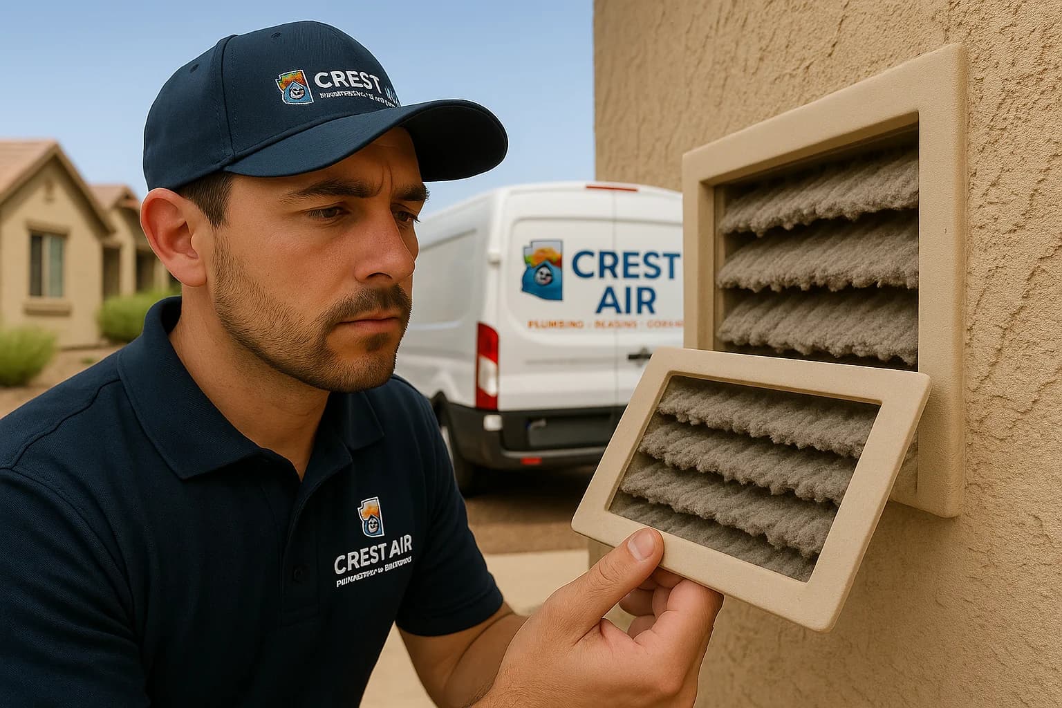 Vent detail inspection Technician inspecting a supply vent for dust build-up