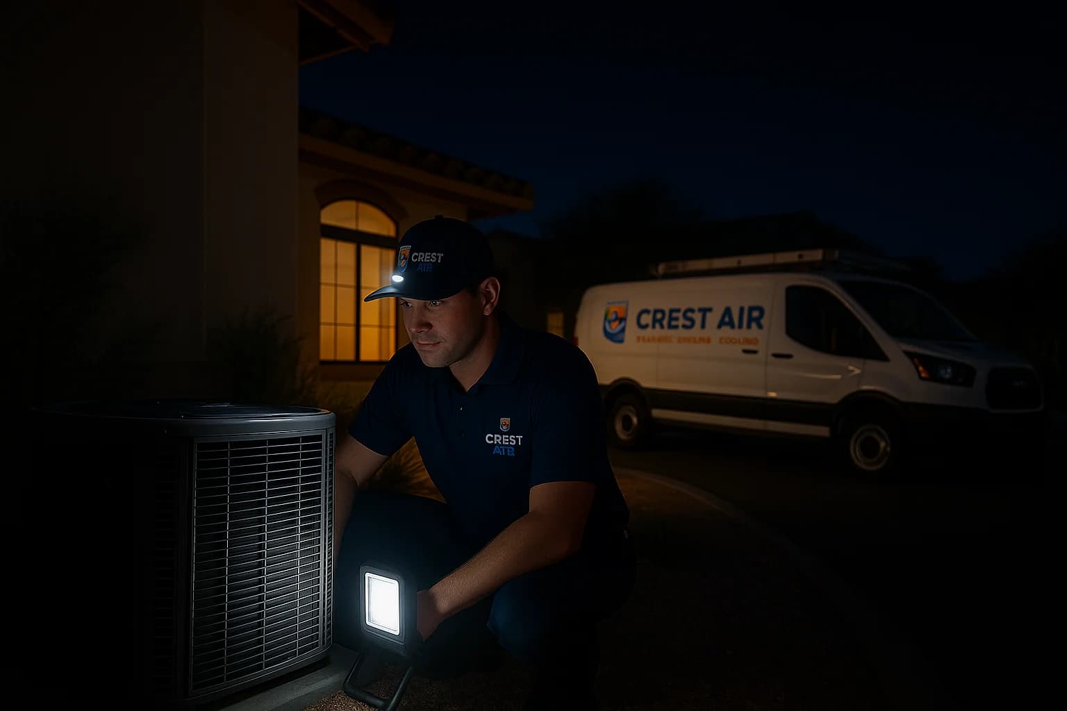 Emergency truck arrival Emergency HVAC truck arriving at night