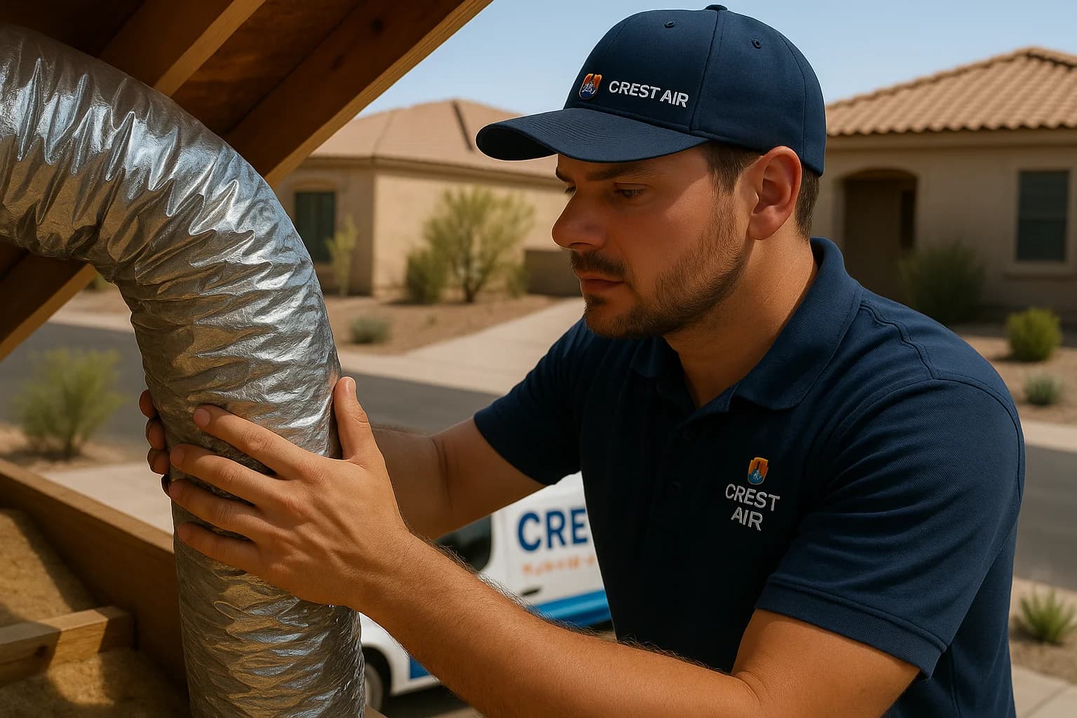 Duct insulation check Technician checking duct insulation in an attic for heat loss