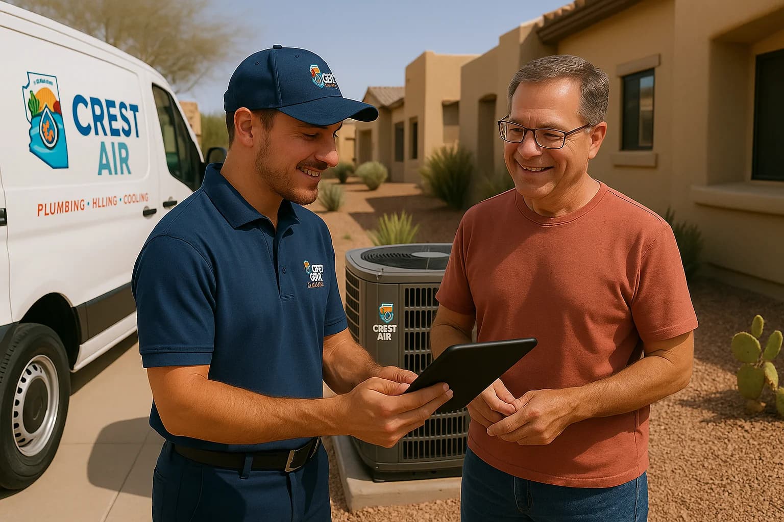 Maintenance log handoff Homeowner reviewing maintenance logs with technician