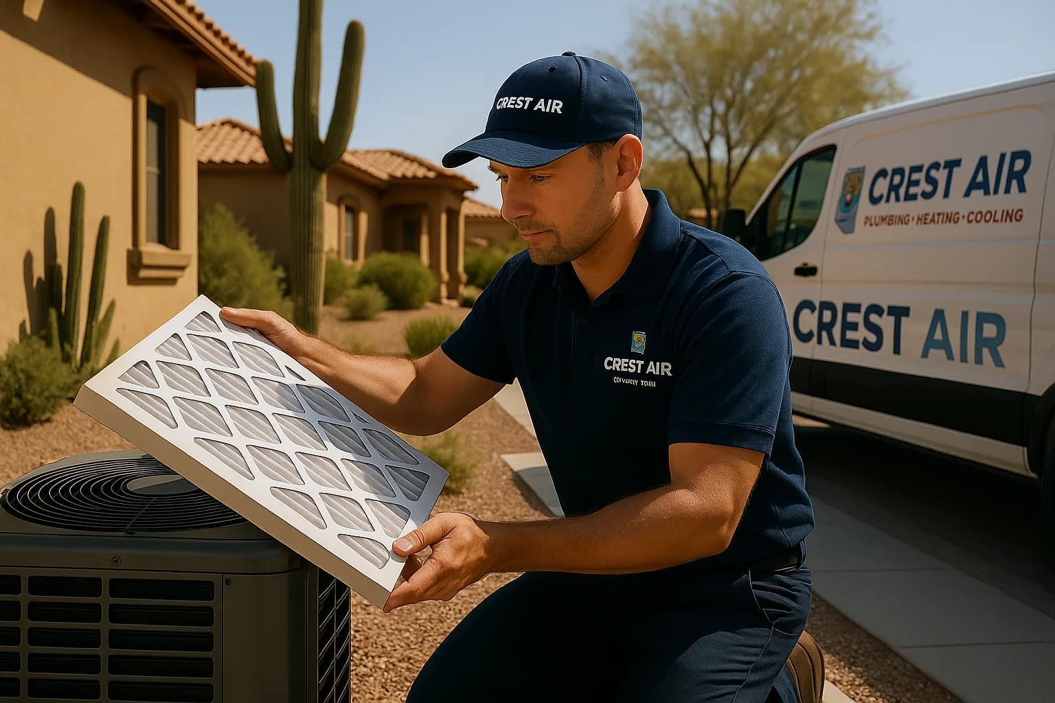Air filter upgrade Technician installing a high-efficiency air filter in a Tucson home
