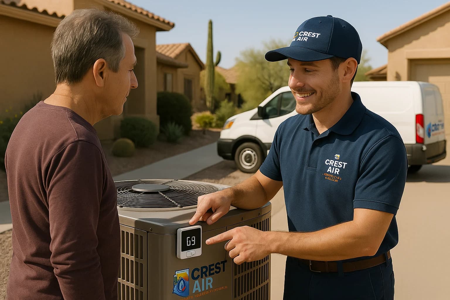 Comfort control walkthrough Homeowner learning thermostat settings with a Crest Air technician