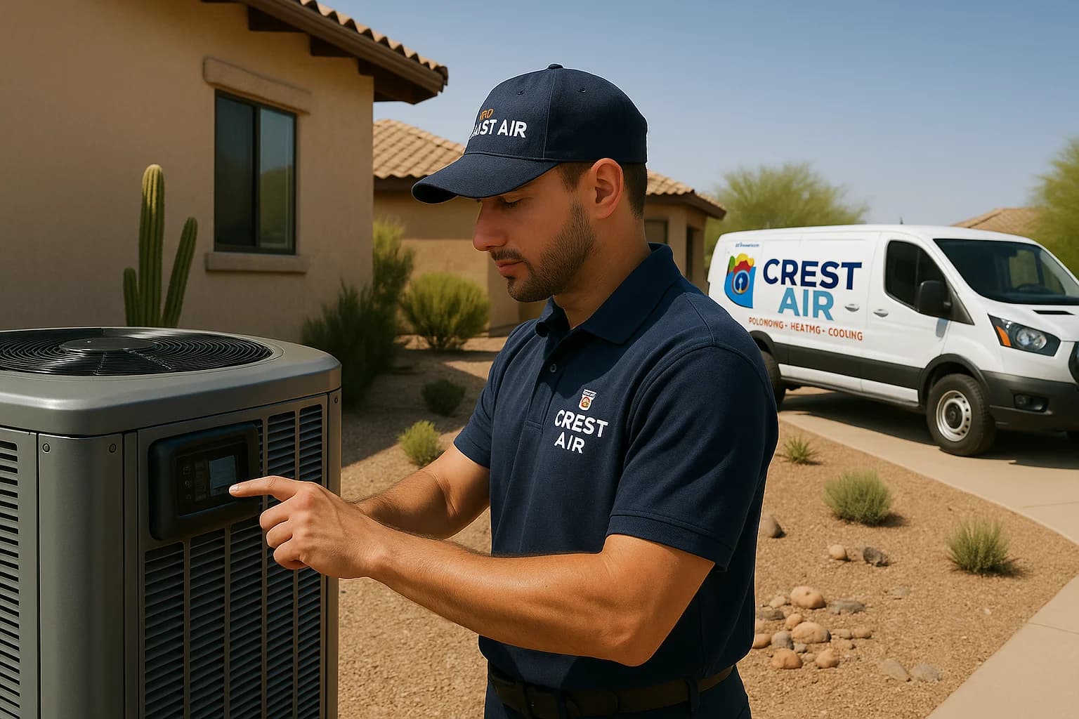 Thermostat repair Tucson hero image Technician configuring a thermostat for a Tucson homeowner