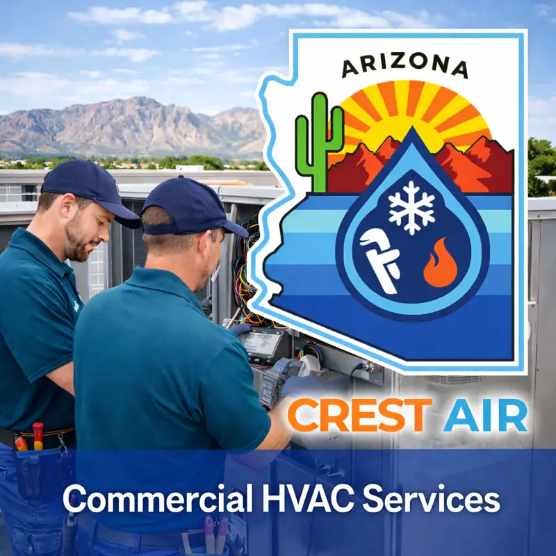 Commercial HVAC technicians servicing rooftop HVAC system in Tucson Arizona by Crest Air